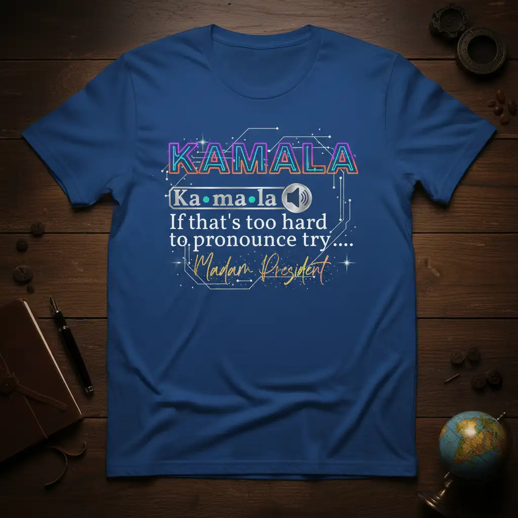 Kamala If That's Too Hard To Pronounce Try Madam President quote on a blue t-shirt with digital circuit graphics
