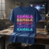 Kamala Kamala Kamala Kamala Kamala text design with vibrant neon-like colors on a navy blue t-shirt