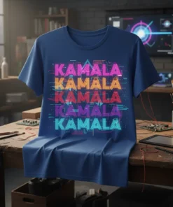 Kamala Kamala Kamala Kamala Kamala text design with vibrant neon-like colors on a navy blue t-shirt