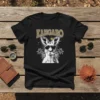 KANGARO text above a cool kangaroo wearing sunglasses with palm trees and a sun graphic on a black t-shirt
