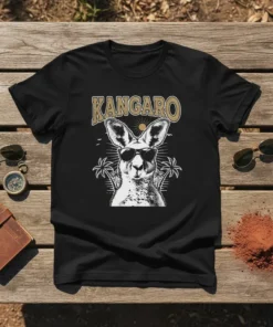 KANGARO text above a cool kangaroo wearing sunglasses with palm trees and a sun graphic on a black t-shirt