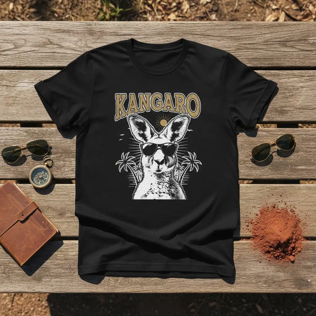 KANGARO text design with a cool kangaroo wearing sunglasses and palm trees graphic