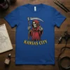 Kansas City Grim Reaper t-shirt design featuring a skeleton in a red robe holding a scythe and pointing forward