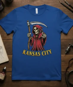 Kansas City Grim Reaper t-shirt design featuring a skeleton in a red robe holding a scythe and pointing forward
