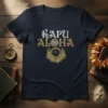 Kapu Aloha text with Hawaiian floral design and clock on a navy V-neck t-shirt