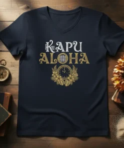Kapu Aloha text with Hawaiian floral design and clock on a navy V-neck t-shirt
