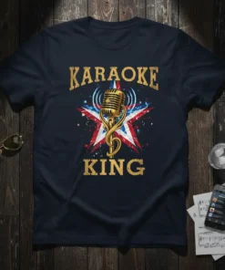 Karaoke King t-shirt design featuring a golden vintage microphone, star graphic, and bold text