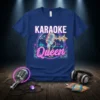 Karaoke Queen t-shirt with vintage microphone, musical notes, and sound wave graphic in neon colors