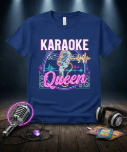 Karaoke Queen t-shirt with vintage microphone, musical notes, and sound wave graphic in neon colors