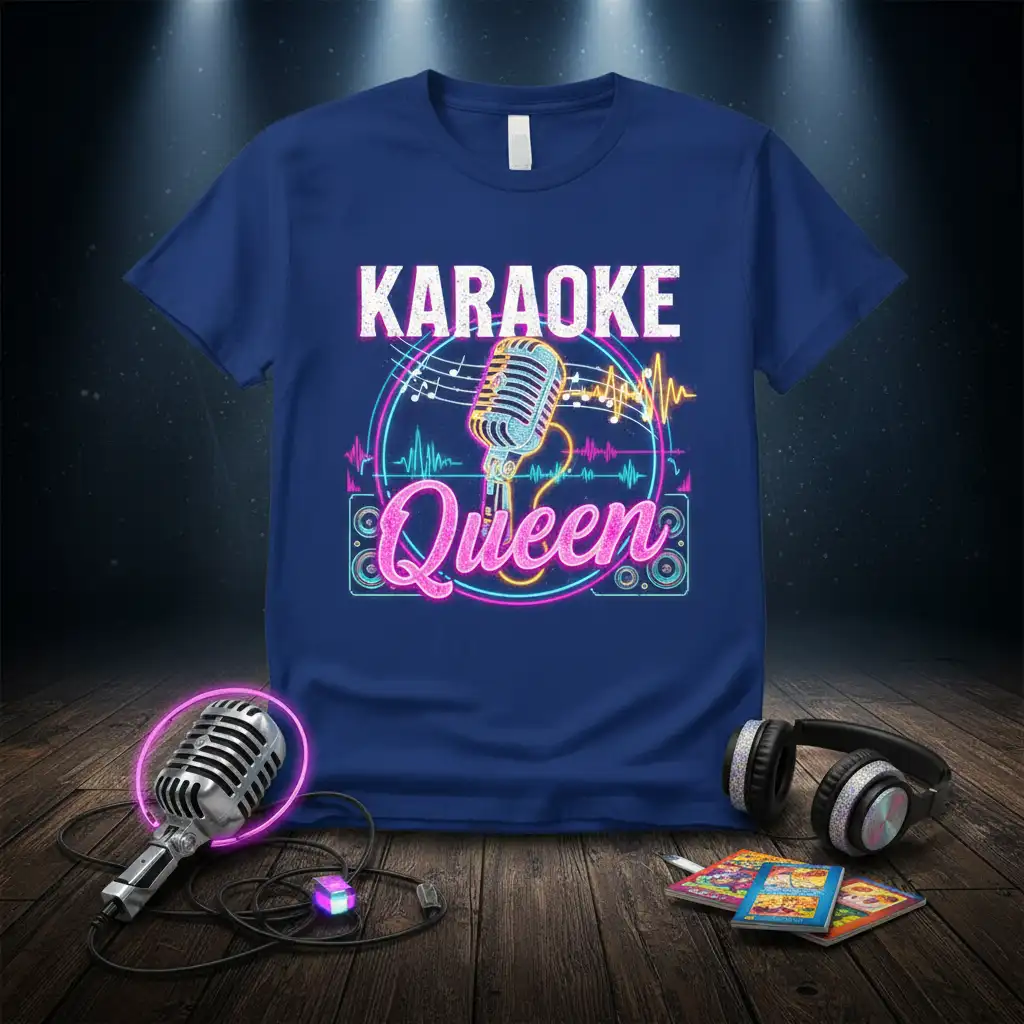 Karaoke Queen t-shirt design with neon microphone, musical notes, and sound wave graphic