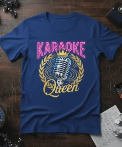 Karaoke Queen t-shirt design with a vintage microphone, crown, and laurel wreath graphic