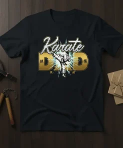 Karate Dad t-shirt design with a martial artist kicking and Japanese characters