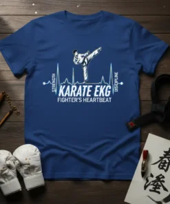 Karate EKG Fighter's Heartbeat T-Shirt with EKG line, martial artist kicking, and text "Strength" and "Discipline"