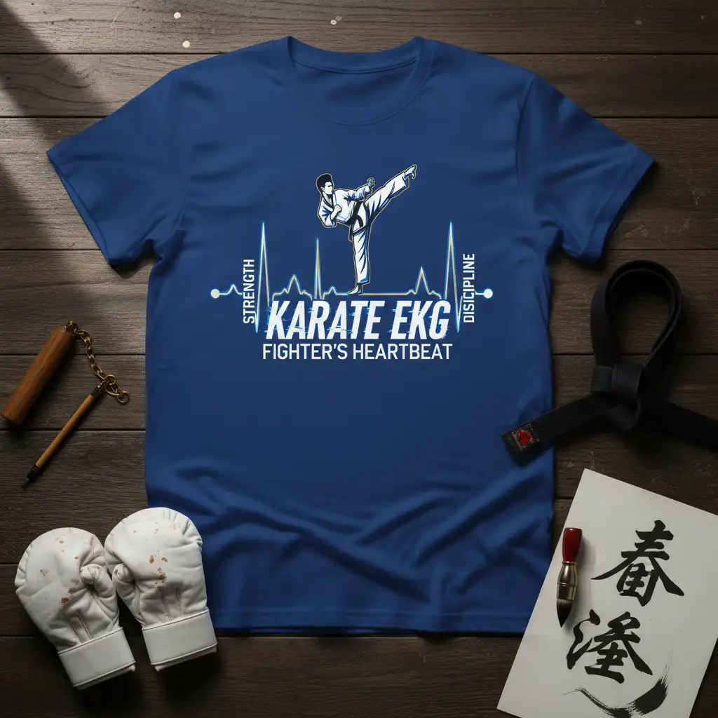 Karate EKG Fighter's Heartbeat design with EKG waveform and martial artist kicking, showcasing strength and discipline