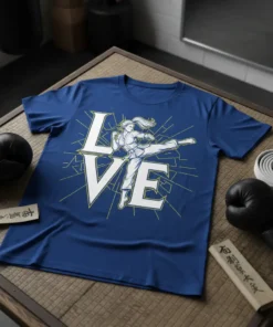 Karate Love t-shirt with a woman performing a flying kick within the 'LOVE' text. Blue t-shirt design for martial arts