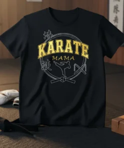 Black t-shirt with "Karate Mama" in gold varsity font, featuring a karate kick graphic and Japanese characters