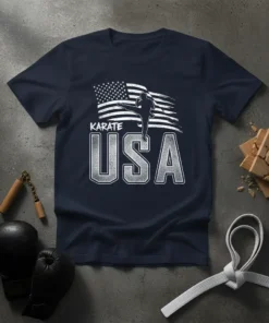 Karate USA t-shirt design featuring an American flag silhouette of a karate fighter mid-kick and bold text