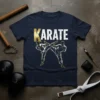 KARATE t-shirt design with two figures in dynamic kicking poses and distressed gold and white lettering