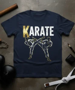 KARATE t-shirt design with two figures in dynamic kicking poses and distressed gold and white lettering