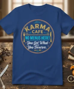 Karma Cafe No Menus Here! You Get What You Deserve quote on a circular t-shirt design with forks and knives