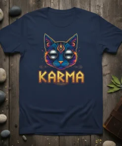 Psychedelic cat face design with the word KARMA in bold golden letters, printed on a navy blue t-shirt