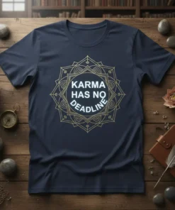 Karma Has No Deadline quote in white text on a navy t-shirt, framed by a gold mandala design