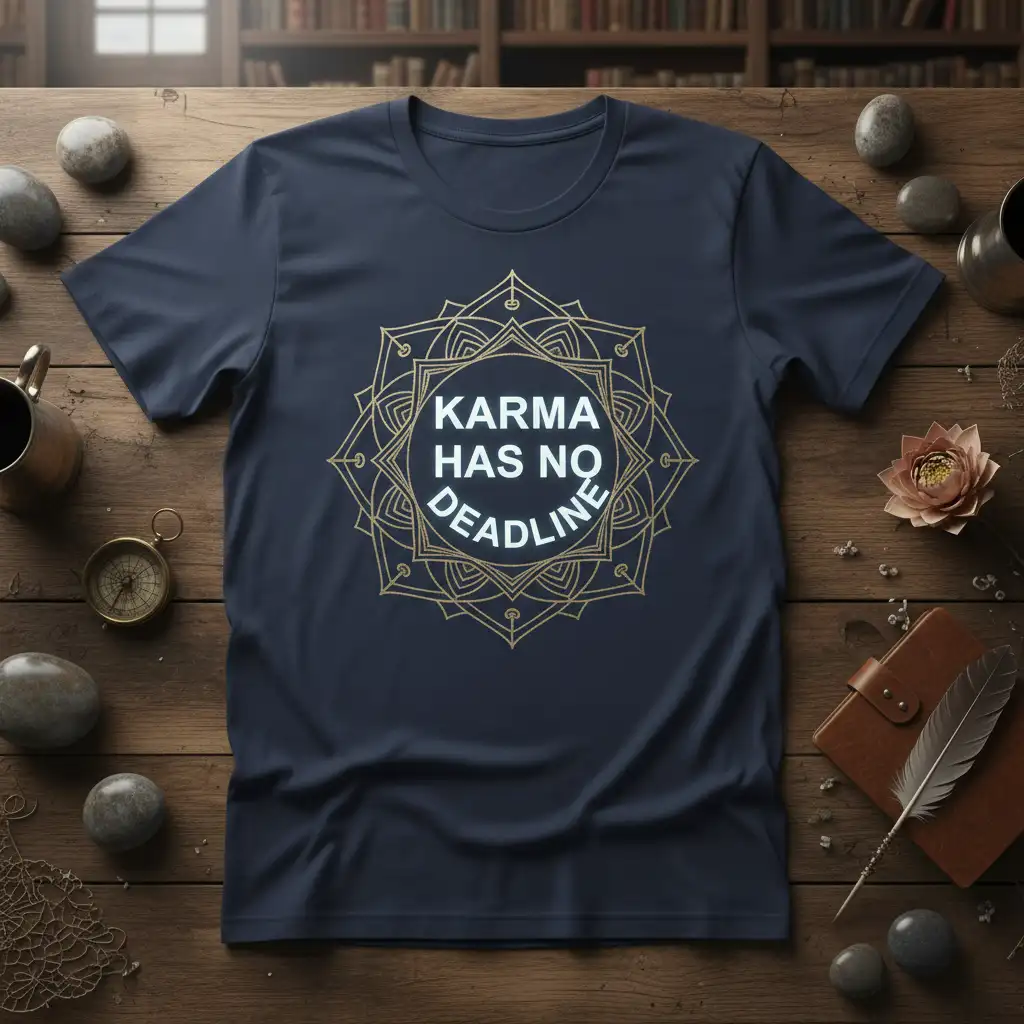 Karma Has No Deadline quote on a navy tee with a golden mandala graphic, symbolizing universal balance