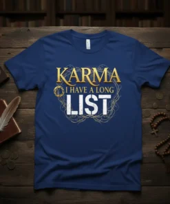 Karma I Have A Long List t-shirt with gold and white distressed typography on a navy blue tee