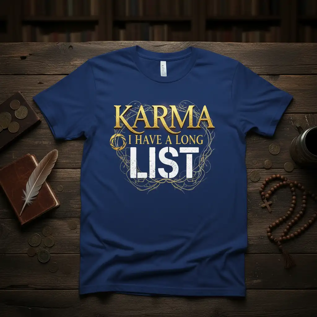 Karma I Have A Long List quote in distressed gold and white font on a navy blue t-shirt