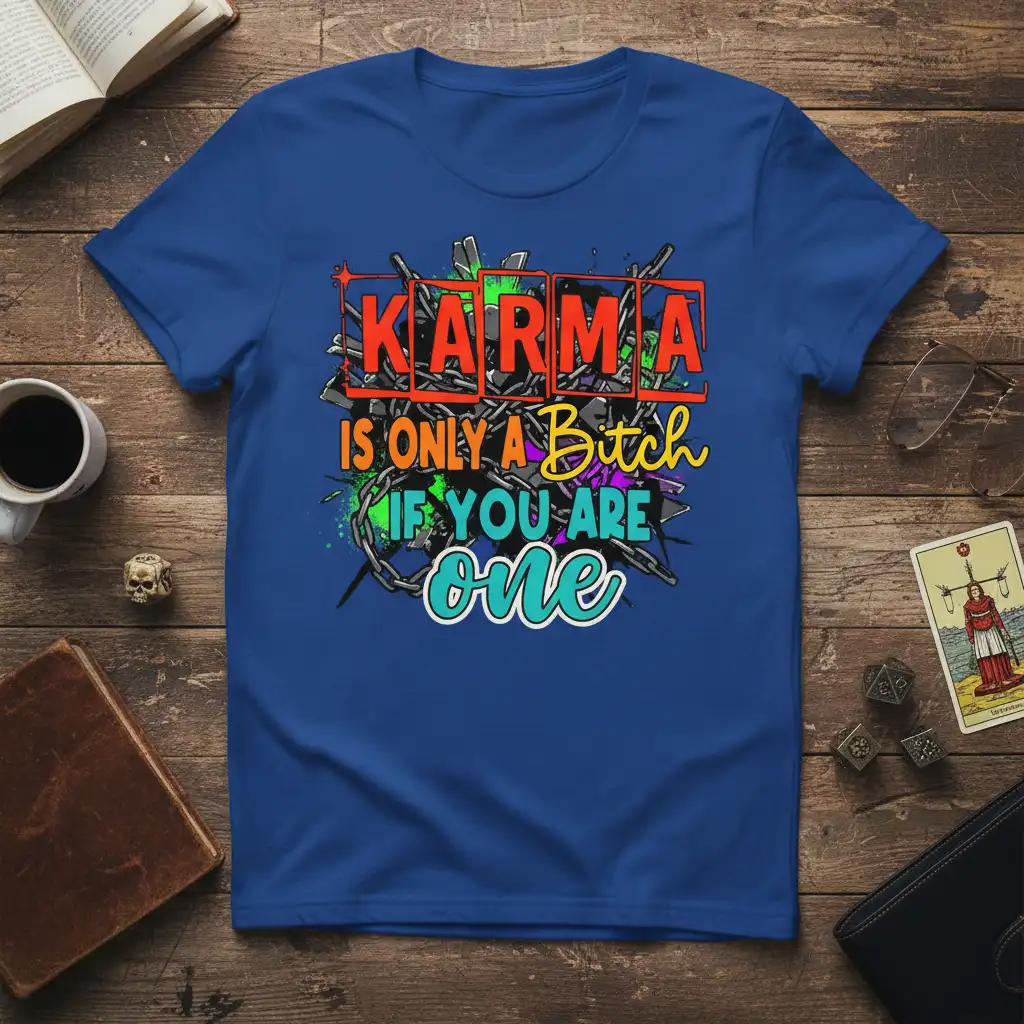 KARMA IS ONLY A Bitch IF YOU ARE one quote on a blue t-shirt with chain graphic elements