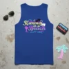 Tank top with neon-style text "Karma is a Beach Welcome to Karma" featuring palm trees and waves