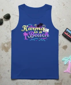 Tank top with neon-style text "Karma is a Beach Welcome to Karma" featuring palm trees and waves