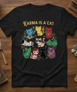 Karma Is A Cat text with a circular arrangement of diverse illustrated cats on a black t-shirt