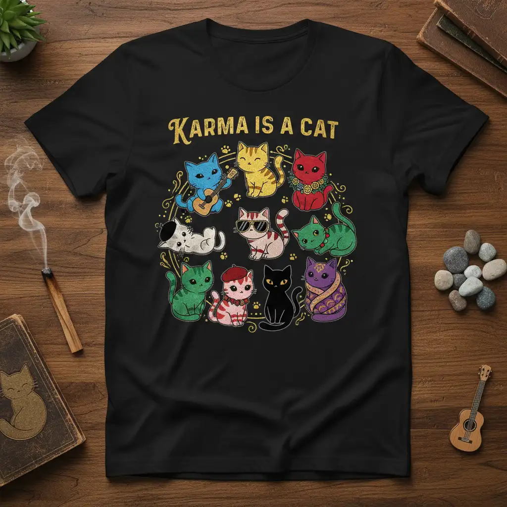 Karma Is A Cat text above a circle of diverse cartoon cats playing and posing on a black tee