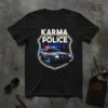 Karma Police t-shirt design with a retro police car, flashing lights, and city skyline in a badge shape