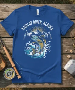Kasilof River Alaska t-shirt with a leaping salmon graphic and mountain scenery