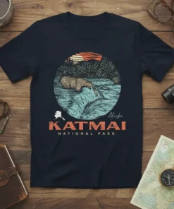 Katmai National Park T-Shirt with a bear fishing in a river, set against a sunset and forest backdrop. Includes text