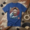 Katsudon and Ki Japanese Oni Mask Wave T-Shirt featuring a red and yellow sunburst behind a fierce oni mask and