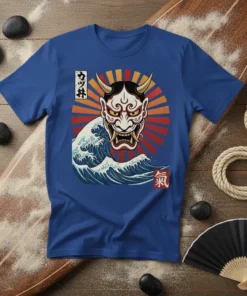 Katsudon and Ki Japanese Oni Mask Wave T-Shirt featuring a red and yellow sunburst behind a fierce oni mask and