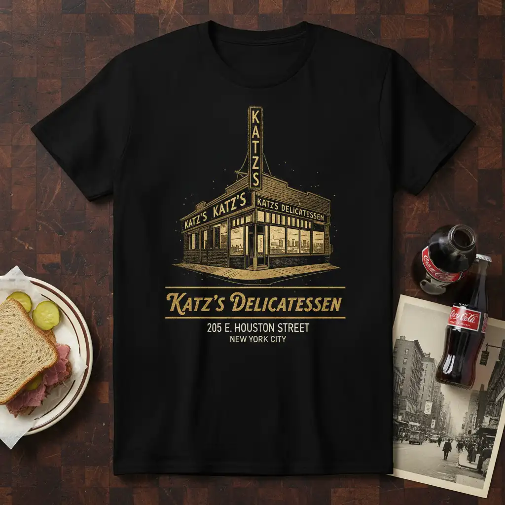Katz's Delicatessen 205 E. quote printed with creative illustration on quality cotton blend t-shirt design