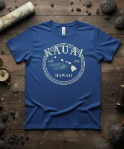 Kauai Hawaii Est 1778 t-shirt with island map graphic and circular border design