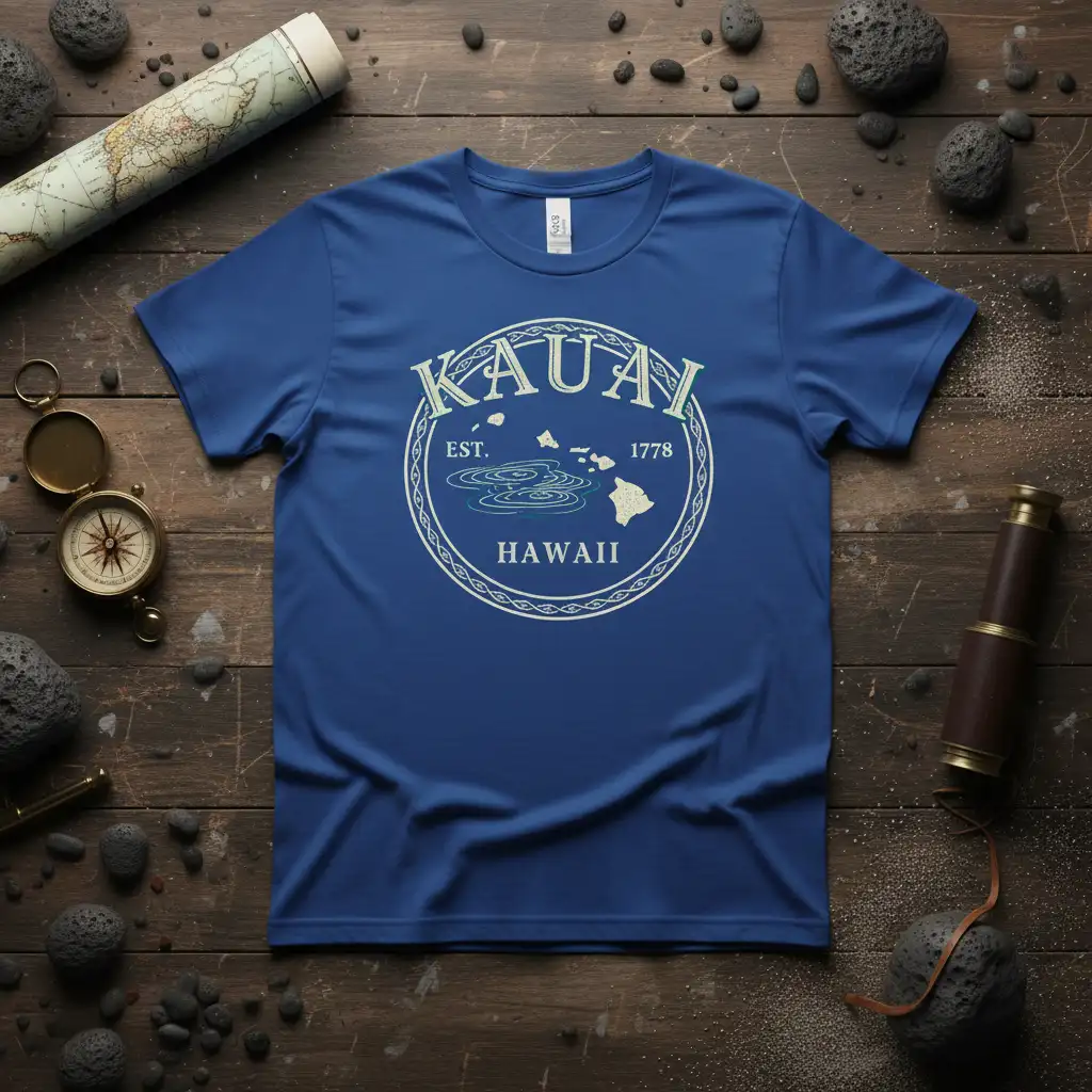Kauai Hawaii Est 1778 design featuring island outline and vintage text on blue t-shirt