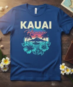 Kauai Hawaii t-shirt with tropical beach scene, palm trees, hibiscus flowers, and a sailboat at sunset