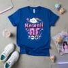 Blue t-shirt with "Kawaii AF" text in pink glitter, featuring a cute cloud and rainbow graphic