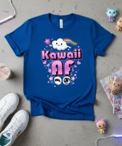 Blue t-shirt with "Kawaii AF" text in pink glitter, featuring a cute cloud and rainbow graphic