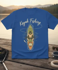 Blue t-shirt with "Kayak Fishing" text above a graphic of a person in a kayak with fishing rods