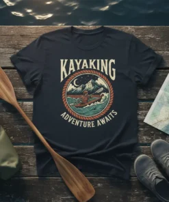 Kayaking Adventure Awaits graphic tee with a kayaker on waves, mountains, and moon