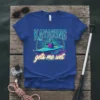 Blue t-shirt with "KAYAKING gets me wet" text and graphic of a person kayaking