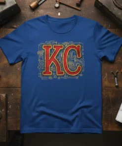 KC Blueprint Design T-Shirt featuring red 'KC' letters with gold blueprint background of city elements and gears