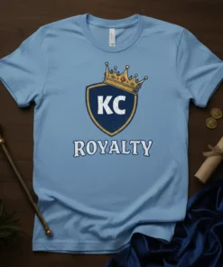 KC Royalty t-shirt design with a blue shield, gold crown, and "KC" text, plus "ROYALTY" text below
